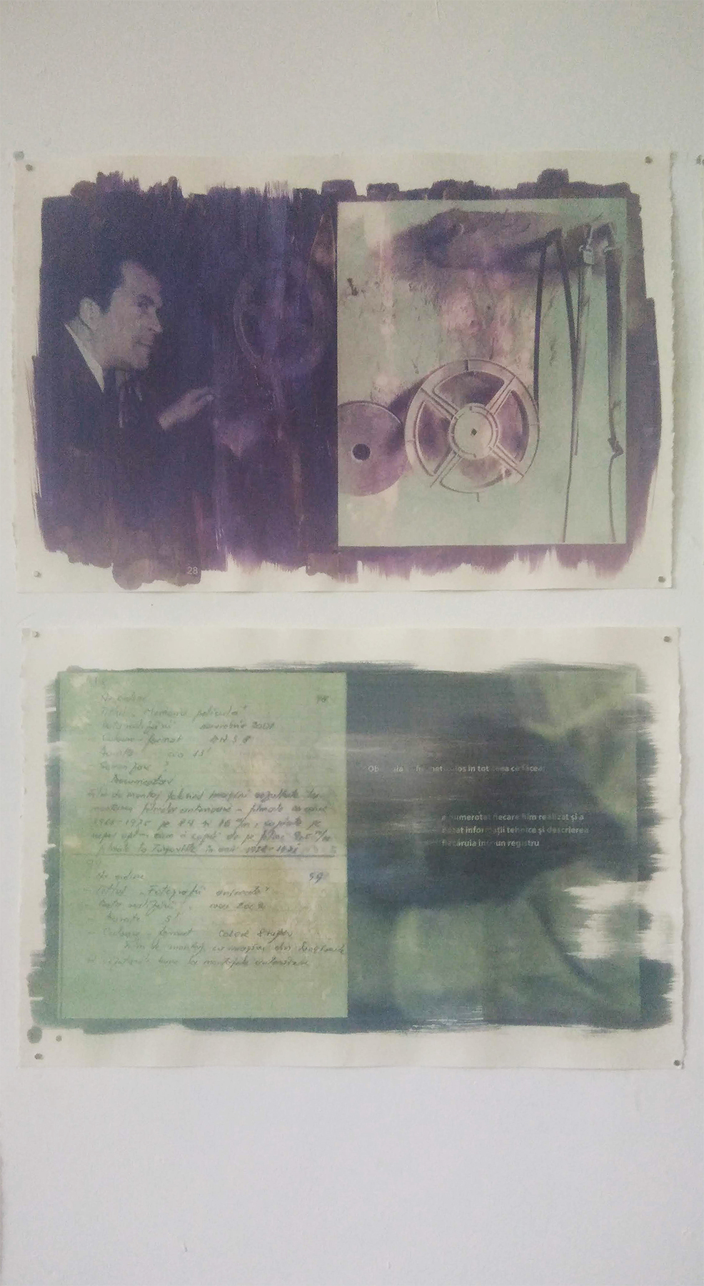 Urme de ieri- Master's degree project exhibition <br> manually printed book spreads, made using photosensitive paint